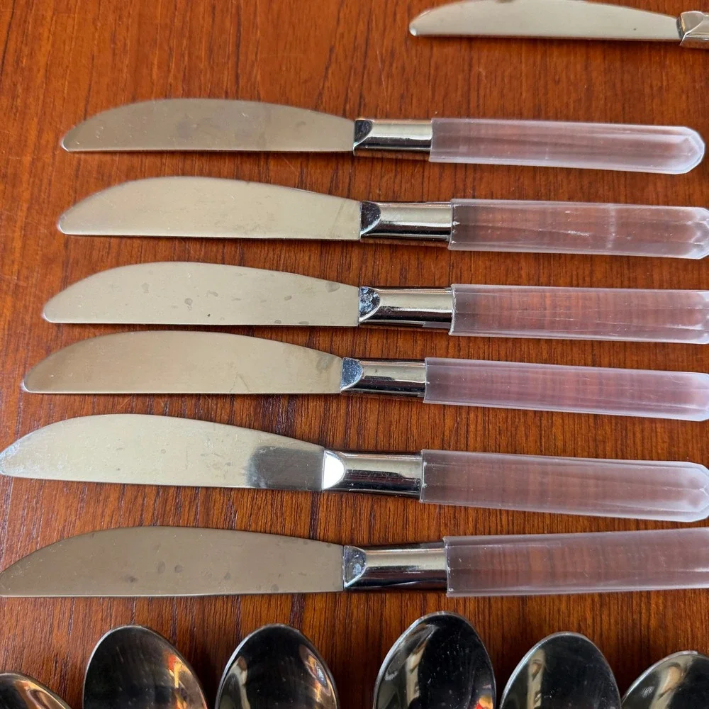 Vintage 18/10 Stainless Flatware Set 37pc Frosted Acrylic Faceted Handle MCM